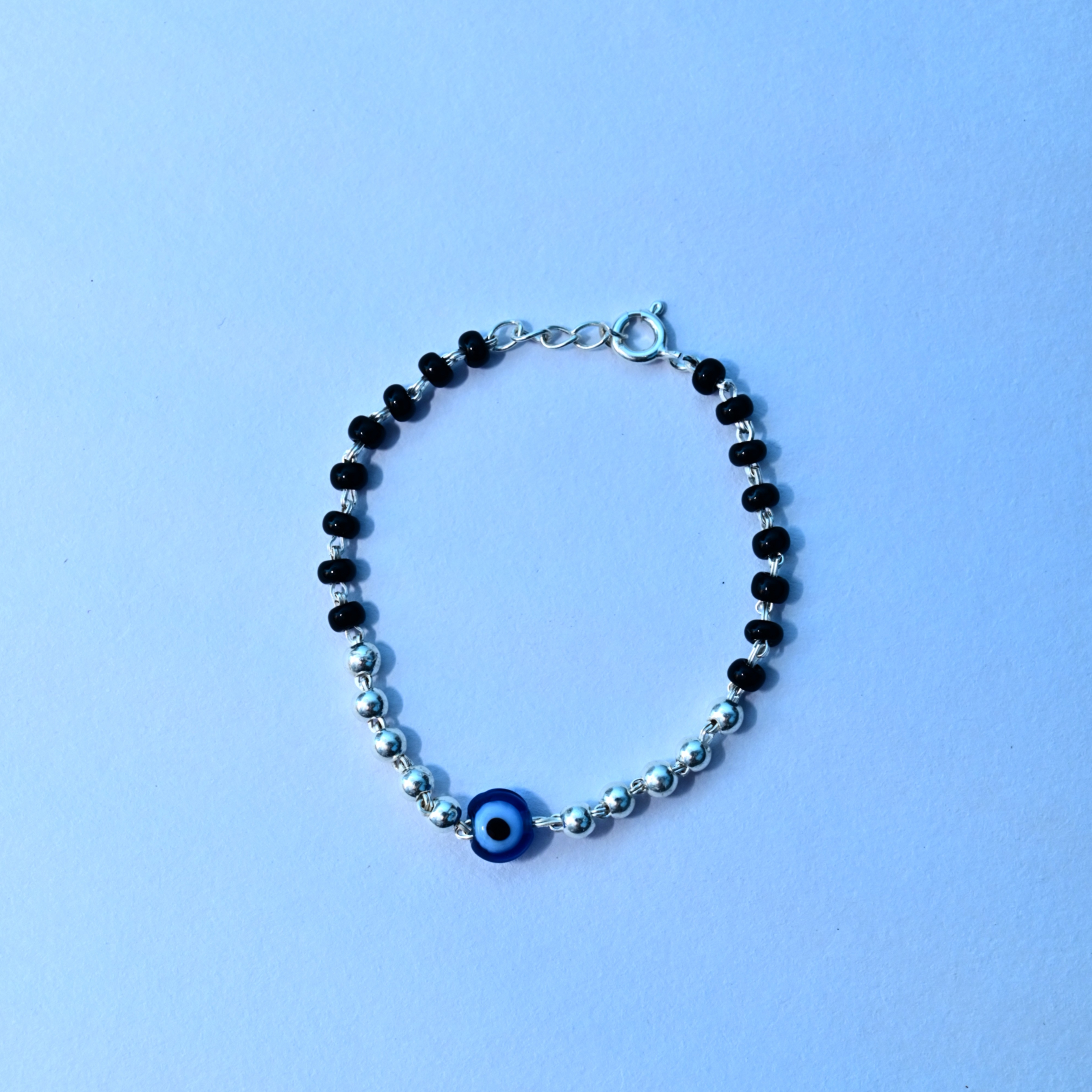 Silver Nazariya with Evil Eye Black Blue Eye Baby Bracelet.